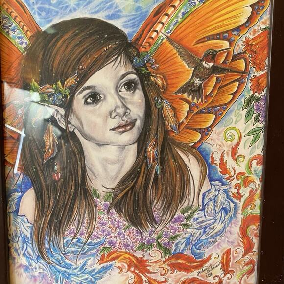 Y2K2008 Fairy Young Lady Bird Fantasy Handpainted ArtPrint Matted Framed Signed - Picture 5 of 6